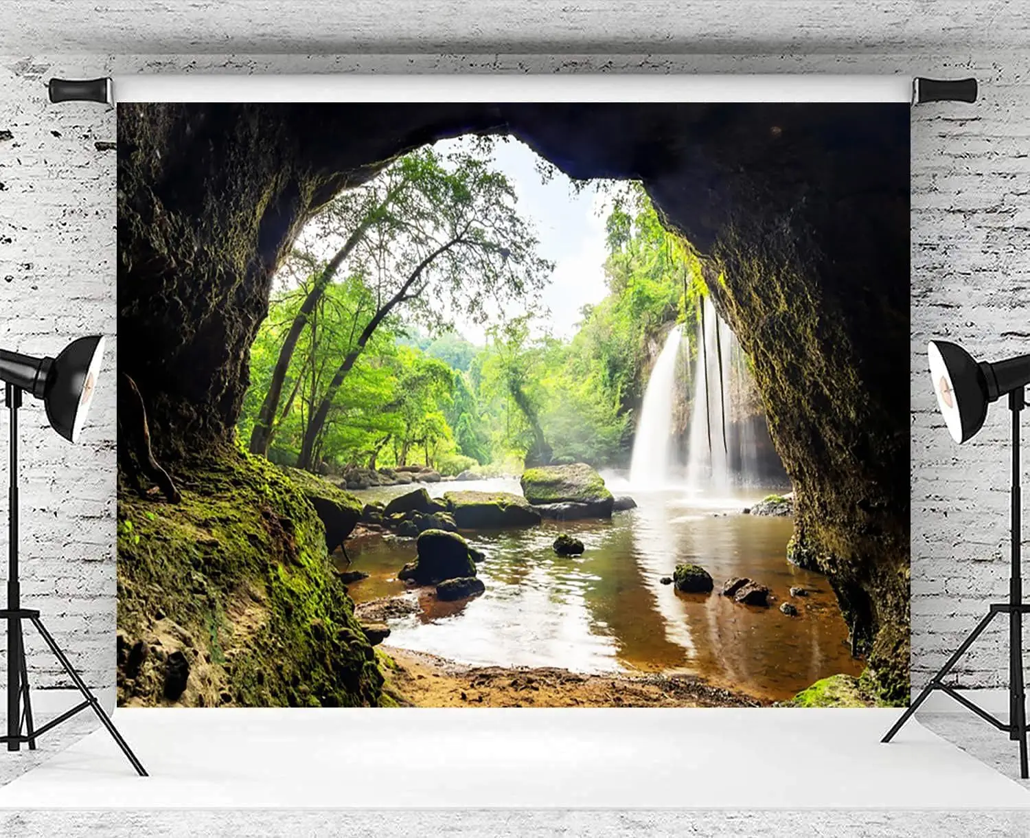 Forest Waterfall Mountain Cave - Outdoor Adventure Background review and price